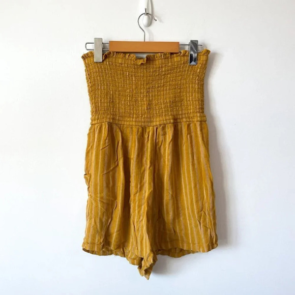 American Eagle Smocked Strapless Striped Romper Mustard Yellow Sz S - Picture 2 of 6